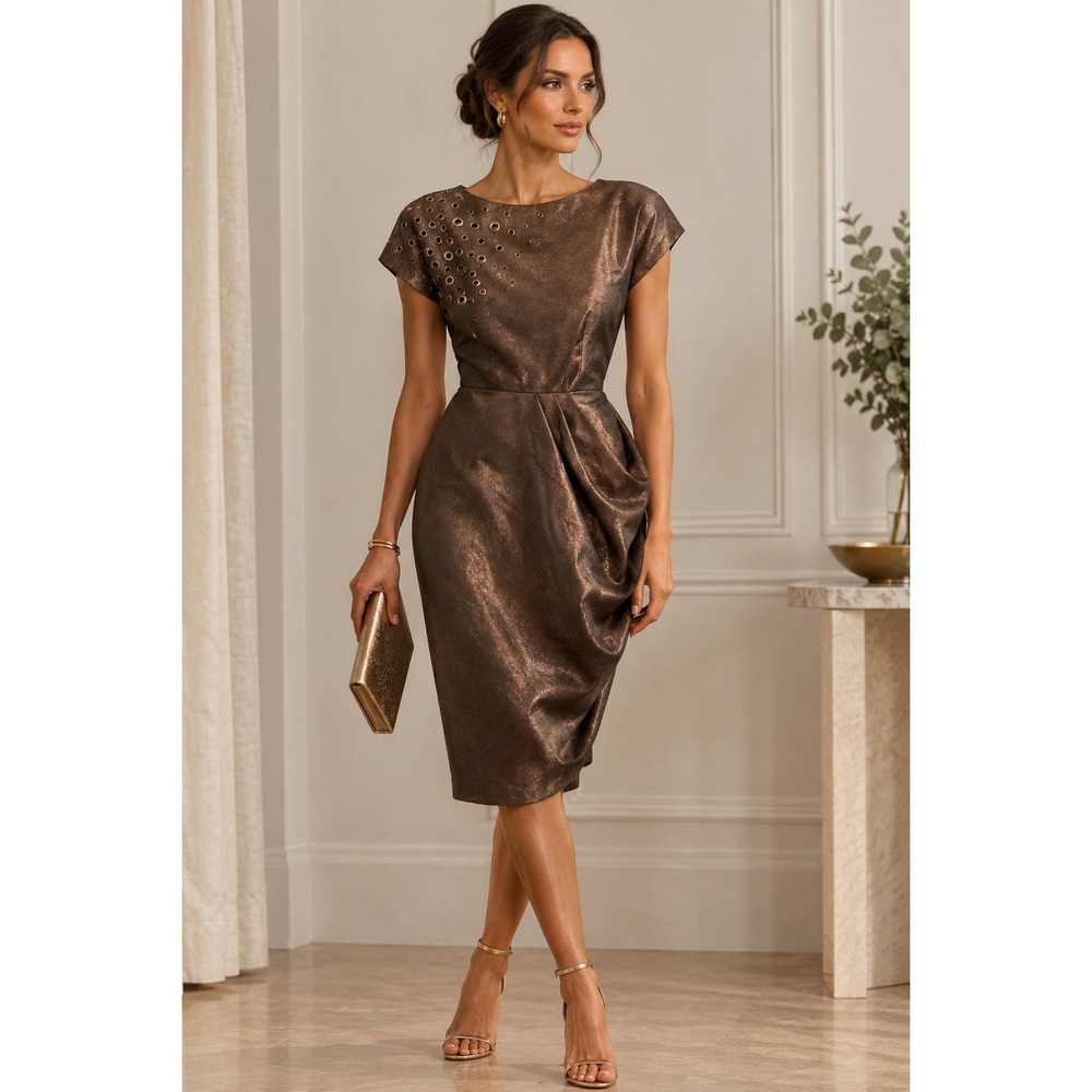 Domenico Vacca Metallic Bronze Grommet Draped Cocktail Dress S Avant Garde Party
